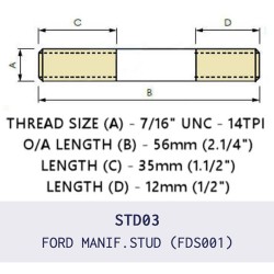 FDS001 is a premium exhaust manifold stud with 7/16 UNC thread and 56mm overall length featuring a 9mm shank.