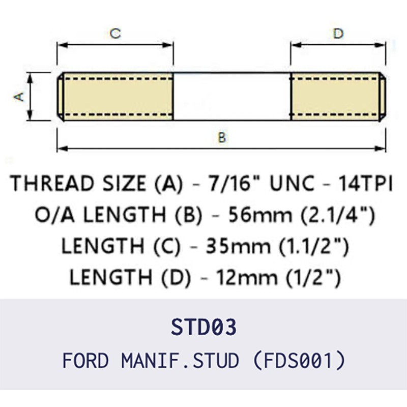 FDS001 is a premium exhaust manifold stud with 7/16 UNC thread and 56mm overall length featuring a 9mm shank.