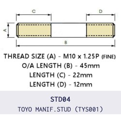 TYS001 high-quality exhaust manifold stud featuring M10 × 1.25 fine thread and 45mm overall length with an 8mm shank depth