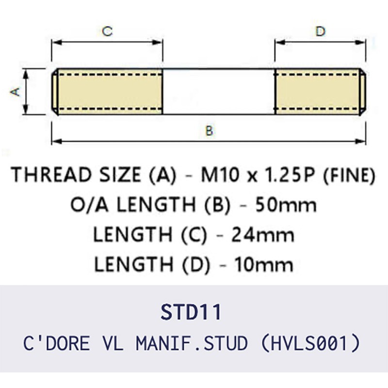 HVLS001 high-quality exhaust manifold stud featuring M10 × 1.25 fine thread and 50mm overall length with an 16mm shank depth