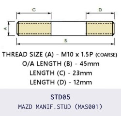 MAS001 is a high-quality exhaust manifold stud featuring M10 × 1.5 thread and 45mm overall length with an 8mm shank.