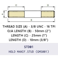 GMS001 is a high-quality exhaust manifold stud featuring a 3/8 UNC thread and 53mm overall length with a 17mm shank