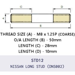 DNS002 is a high-quality exhaust manifold stud featuring M8 × 1.25 thread and 50mm overall length with an 12mm shank.