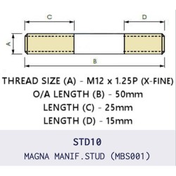 MBS001 is a high-quality exhaust manifold stud featuring M12 × 1.25 thread and 50mm overall length with an 10mm shank.