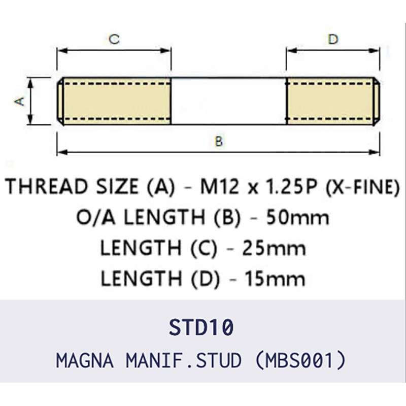 MBS001 is a high-quality exhaust manifold stud featuring M12 × 1.25 thread and 50mm overall length with an 10mm shank.